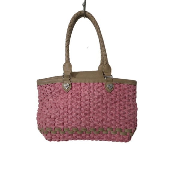 The Unbranded Brand Handbags - Vintage Fabric Lined Woven Shoulder Handbag Purse Tote Pink Brown 14" x 8"